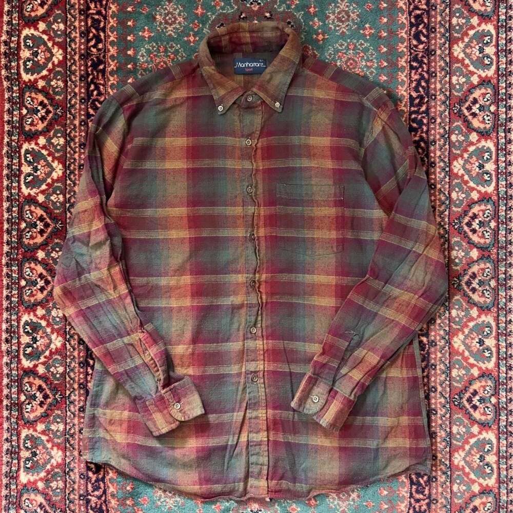 Vintage Manhattan Sport Plaid Flannel Button Down Shirt Size L